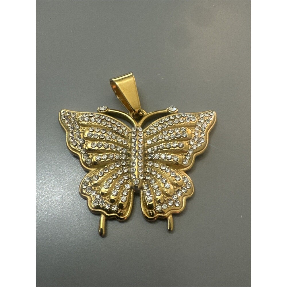 Butterfly Gold Tone Pendant Necklace Stainless Steel Gift Her Cubic Zirconia Fly